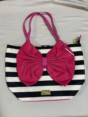 Betsey Johnson Bow-nanza Large Striped Tote Bag with Oversized Hot Pink Bow